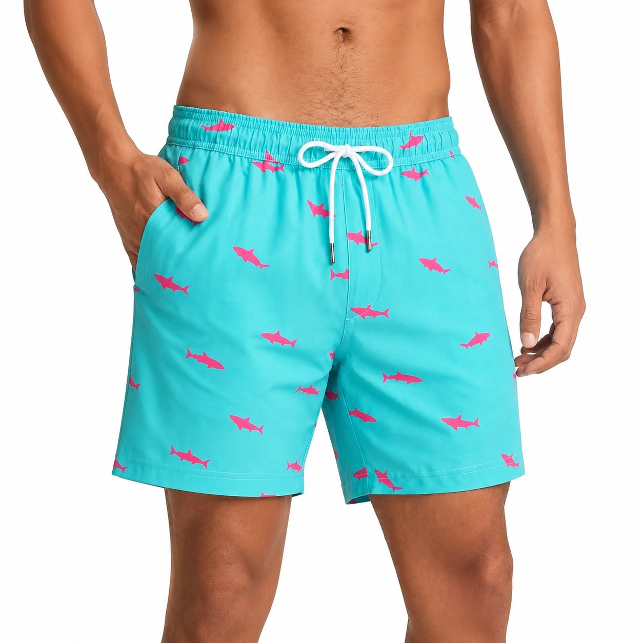 Herren Badeshorts Größe L Türkis mit pinkem Fischmuster und Kordelzug