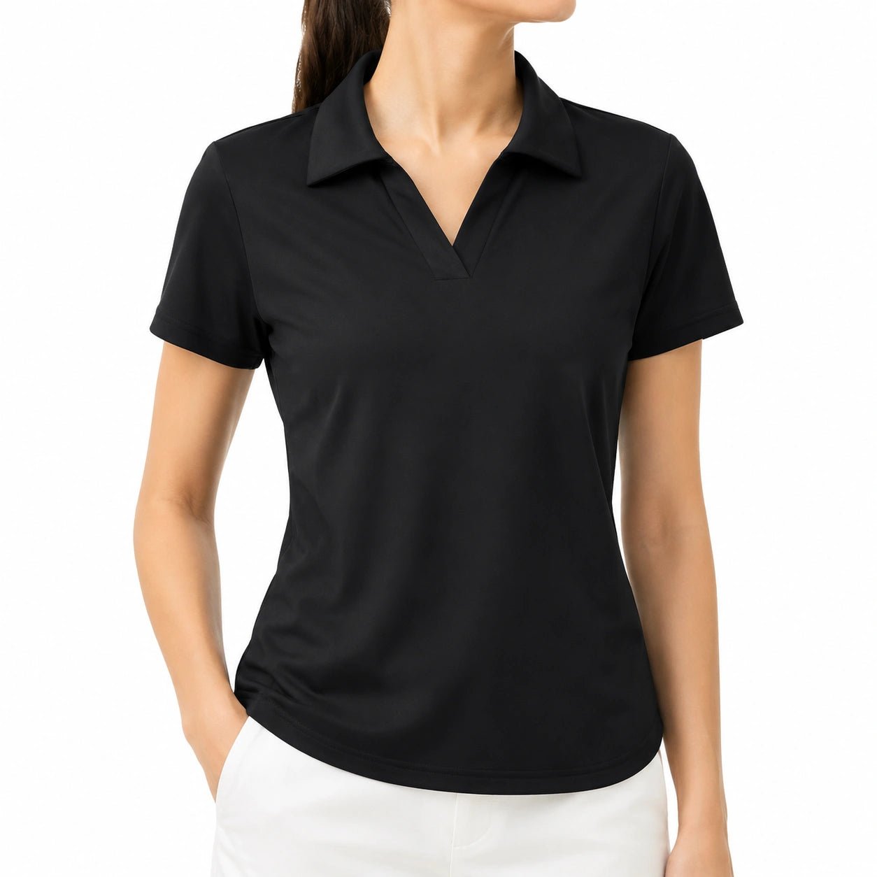 Damen Poloshirt Größe L aus glattem Textilgewebe Schwarz für Freizeit und Büro