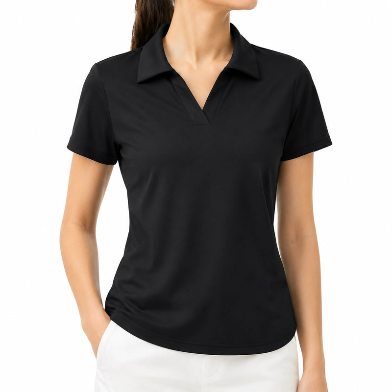 Damen Poloshirt Größe L aus glattem Textilgewebe Schwarz für Freizeit und Büro