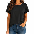 Damen T-Shirt Größe M Schwarz aus glattem Textilstoff mit Umschlagärmeln