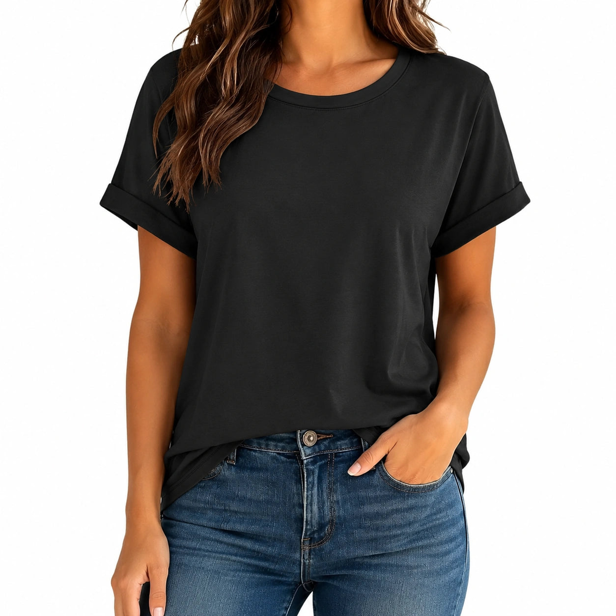 Damen T-Shirt Größe M Schwarz aus glattem Textilstoff mit Umschlagärmeln