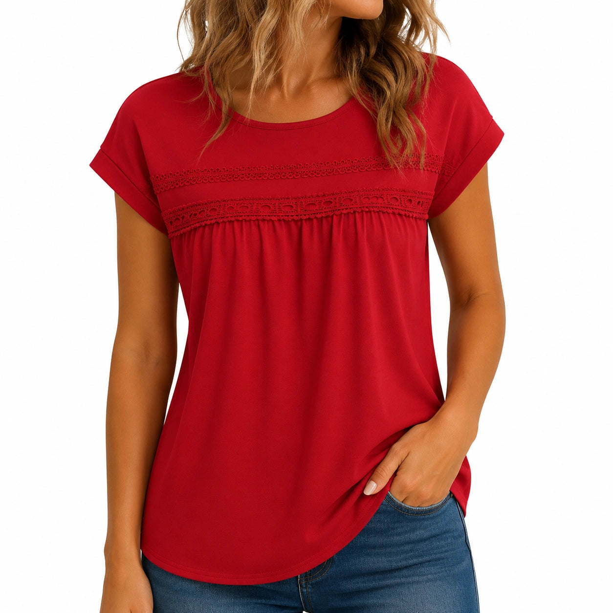 Damen T-Shirt Größe M aus Textil in Rot mit Spitzenbesatz und kurzen Ärmeln