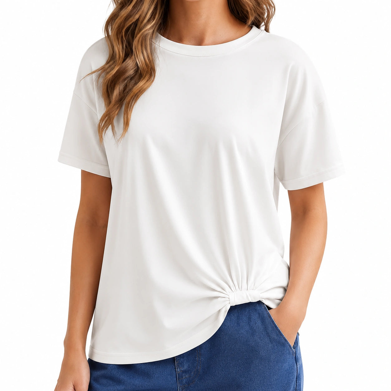 Damen T-Shirt Größe L Weiß Kurzarm mit Knotendetail