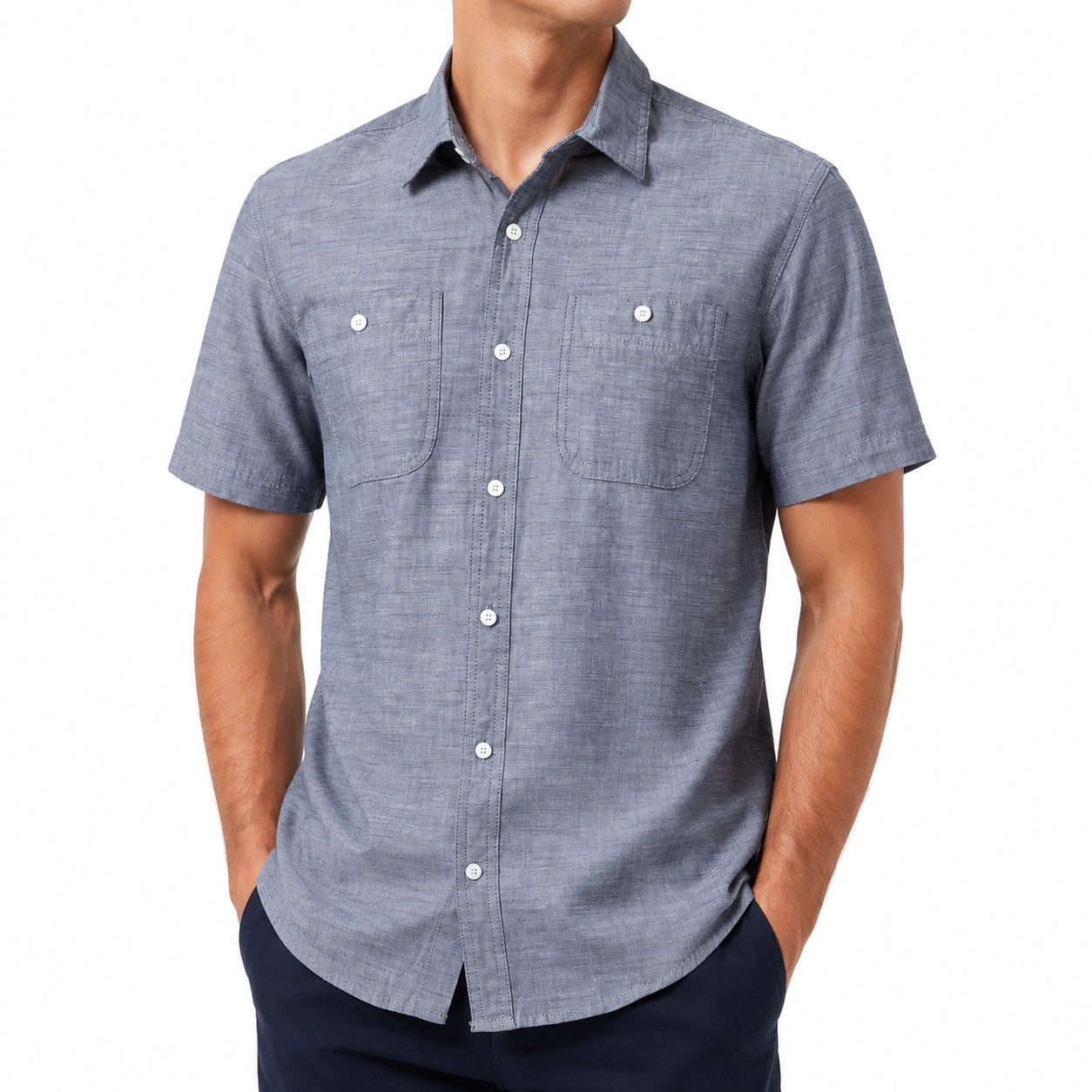Herren Kurzarmhemd XL aus Webstoff in Blau mit Brusttaschen für Freizeit