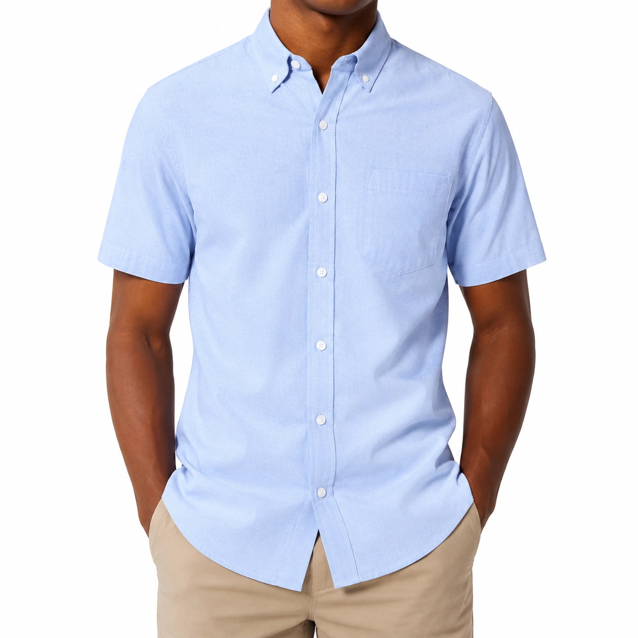 Herren Kurzarmhemd XL Hellblau aus Baumwolle mit Button-Down-Kragen