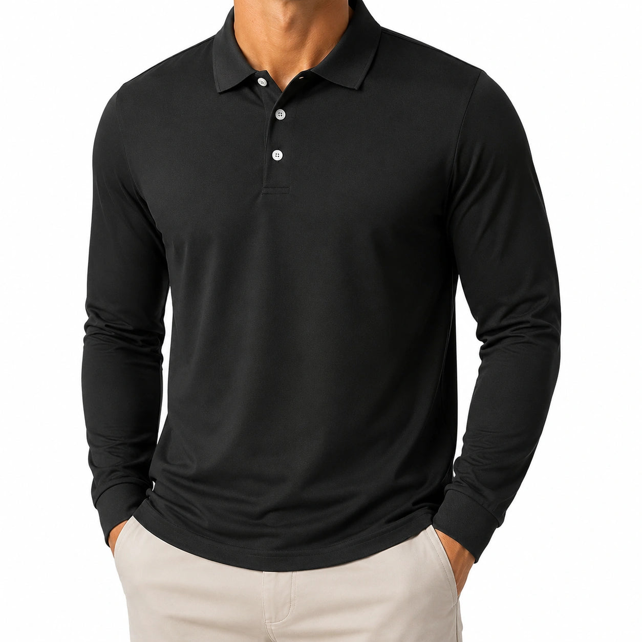 Herren Langarm Poloshirt XL aus Textilgewebe Schwarz mit Knopfleiste