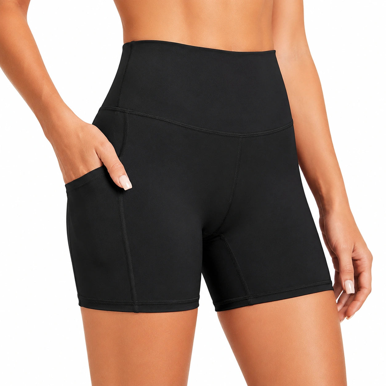 Damen Sportshorts Größe L Schwarz aus elastischem Kunstfasergewebe mit hohem Bund und Seitentasche